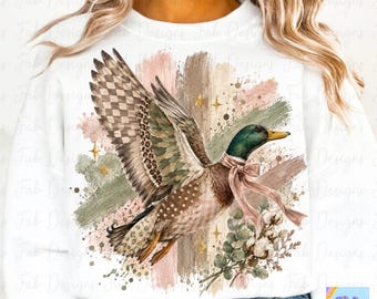 Preppy Mallard Duck PNG, Flying Pattern Duck with Blush Coquette Bow, Cotton and Eucalyptus, Camo Brushstroke Girly Hunting Shirt Design