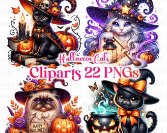 15 Cute Halloween Cats Punpkin Clipart, Watercolor Halloween Clipart, Spooky Clipart, Black Cat PNG, Trick Or Treat, Halloween Party Decor