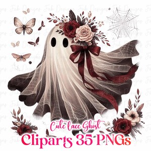 May include: A whimsical illustration of a ghost adorned with a floral crown and a burgundy bow. The ghost is draped in a delicate, lacy fabric. Butterflies and a spiderweb are also featured. The text reads "Cute lace Ghost Cliparts 35 PNGs."