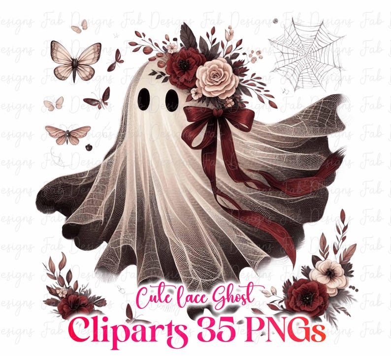 May include: A whimsical illustration of a ghost adorned with a floral crown and a burgundy bow. The ghost is draped in a delicate, lacy fabric. Butterflies and a spiderweb are also featured. The text reads "Cute lace Ghost Cliparts 35 PNGs."