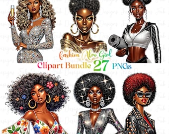 Lot de 27 cliparts fille noire à la mode, graphiques fille à la mode, clipart fille afro, clipart fille denim t, belle fille clipart noir