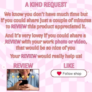 Puede incluir: Fondo rosa y blanco a cuadros con el texto &laquo;A KIND REQUEST&raquo;. El texto solicita una rese&ntilde;a del producto e incluye una foto de una persona sosteniendo un tel&eacute;fono con cinco estrellas doradas. Tambi&eacute;n hay un bot&oacute;n &laquo;Seguir tienda&raquo;.