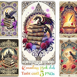 Lot de 5 clubs de lecture romantiques png, livres de cartes de tarot png, png livresques, tarot de livres fantastiques, lecture de png, livre d'amour png, conception pour amateurs de livres