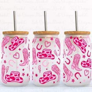 Western Cowgirl Boot 16oz Glass Can PNG Wrap, Vintage Cowgirl, Cute Cowgirl Clipart, Western Cowgirl Boot, Pink Coquette Bows PNG Glass can