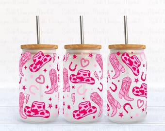 Western Cowgirl Boot 16oz Glass Can PNG Wrap, Vintage Cowgirl, Cute Cowgirl Clipart, Western Cowgirl Boot, Pink Coquette Bows PNG Glass can