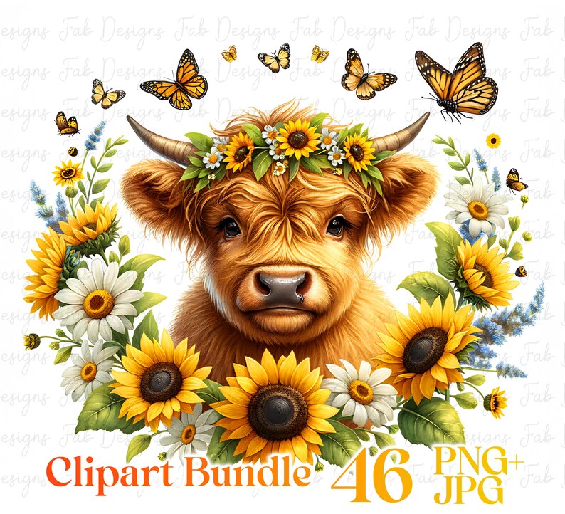 May include: A Highland cow with a sunflower crown, surrounded by sunflowers and daisies. The cow is looking directly at the viewer. The image is a clipart bundle of 46 PNG and JPG files.
