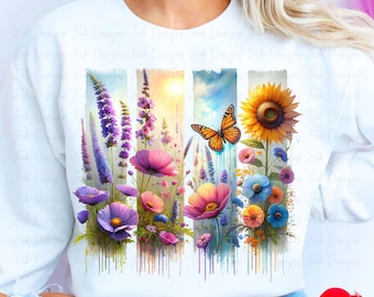 Butterfly Floral PNG: Vibrant Flower T-Shirt Design (Digital Download)