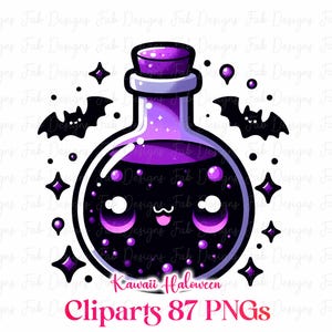 May include: A cartoon illustration of a purple potion bottle with a kawaii face, filled with a dark liquid and bubbles. The design includes bats, stars, and the text "Kawaii Halloween Cliparts 87 PNGs."
