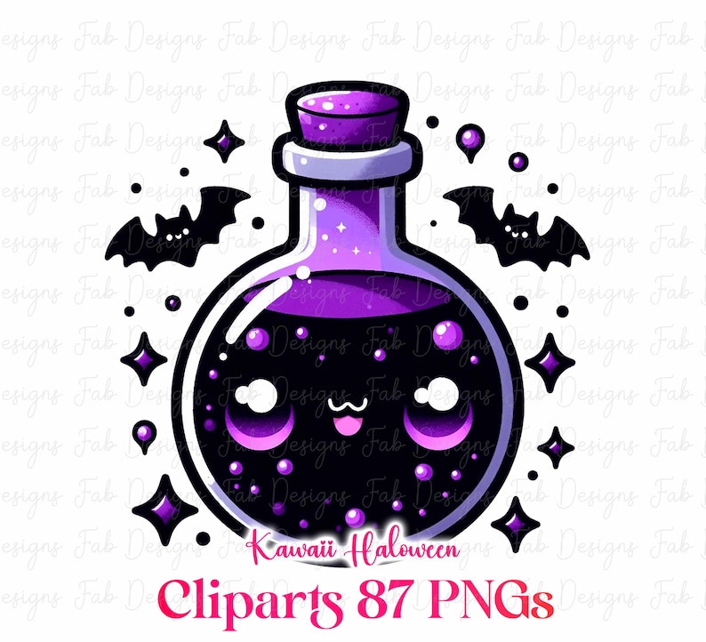 May include: A cartoon illustration of a purple potion bottle with a kawaii face, filled with a dark liquid and bubbles. The design includes bats, stars, and the text "Kawaii Halloween Cliparts 87 PNGs."