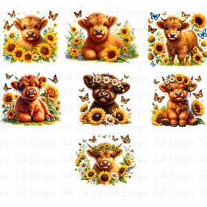 May include: Six digital images of Highland cattle with sunflowers and butterflies. The cattle are brown and white with a variety of expressions. The sunflowers are yellow with black centers. The butterflies are blue, yellow, and orange.