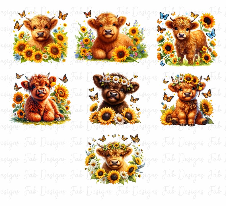 May include: Six digital images of Highland cattle with sunflowers and butterflies. The cattle are brown and white with a variety of expressions. The sunflowers are yellow with black centers. The butterflies are blue, yellow, and orange.