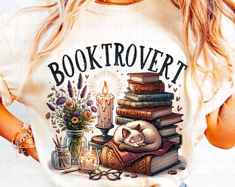 Booktrovert PNG: Floral Cat Reading Design (Digital Download)
