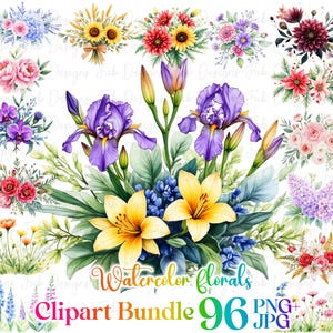 96 Watercolor Flower design,Watercolor Floral pattern,Flowers Digital Paper, Flower PNG, Watercolor Flower Clipart, Wedding Clipart, Florals