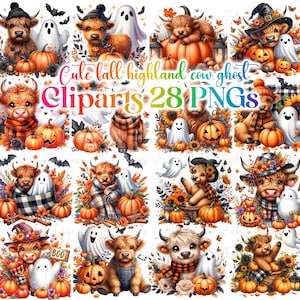May include: A collection of 28 PNG clip art images featuring cute highland cows, ghosts, and pumpkins in a fall theme. The images have a watercolor style with autumn colors and the text "Cute fall highland cow ghost Cliparts 28 PNGs".