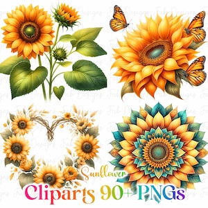 Paquete de imágenes prediseñadas de girasol en acuarela: Corona floral PNG (descarga digital, uso comercial permitido)