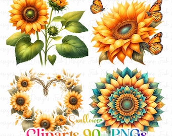 Puede incluir: Una colección de imágenes prediseñadas de girasoles. Las imágenes incluyen girasoles con pétalos naranjas y centros marrones, algunos con mariposas. También hay una corona de girasoles y un diseño de mandala. Se incluye el texto "Sunflower Cliparts 90+ PNGs".
