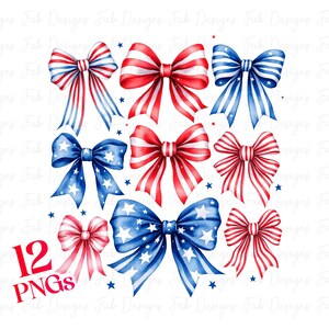 May include: Twelve watercolor illustrations of red, white, and blue bows with a star pattern. The bows are arranged in a random pattern on a white background.