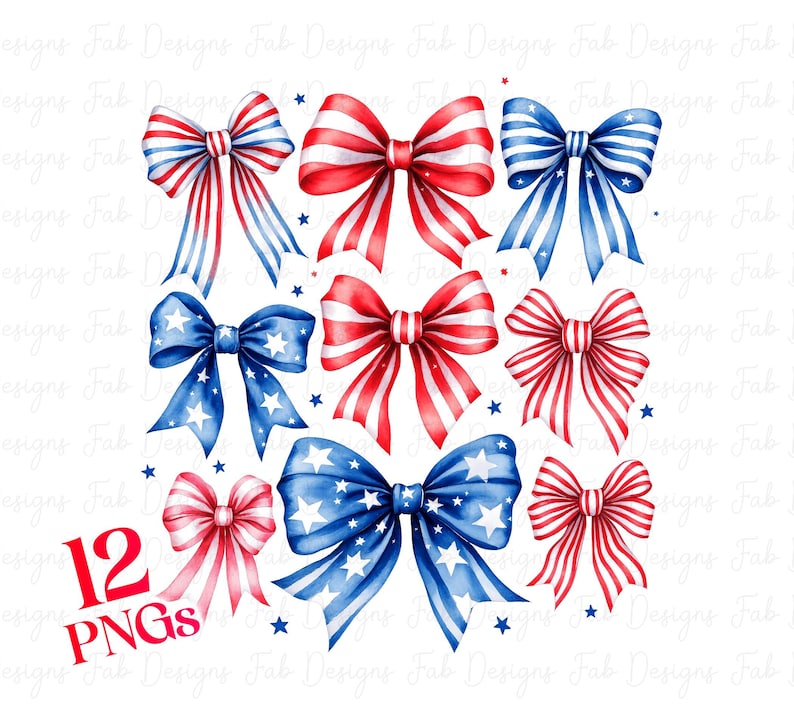 May include: Twelve watercolor illustrations of red, white, and blue bows with a star pattern. The bows are arranged in a random pattern on a white background.