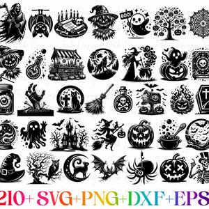 May include: A selection of black and white Halloween-themed digital graphics. The images include a grim reaper, bats, a witch, pumpkins, ghosts, a haunted house, and other spooky elements. The text at the bottom reads "210+ SVG+PNG+DXF+EPS".