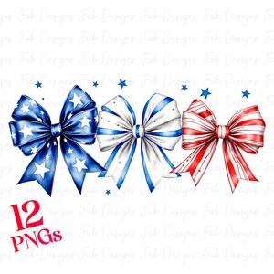 May include: Three watercolor painted bows in red, white, and blue with white stars. The bows are arranged in a row with the red, white, and blue bow on the right, the white and blue bow in the middle, and the blue and white bow on the left.