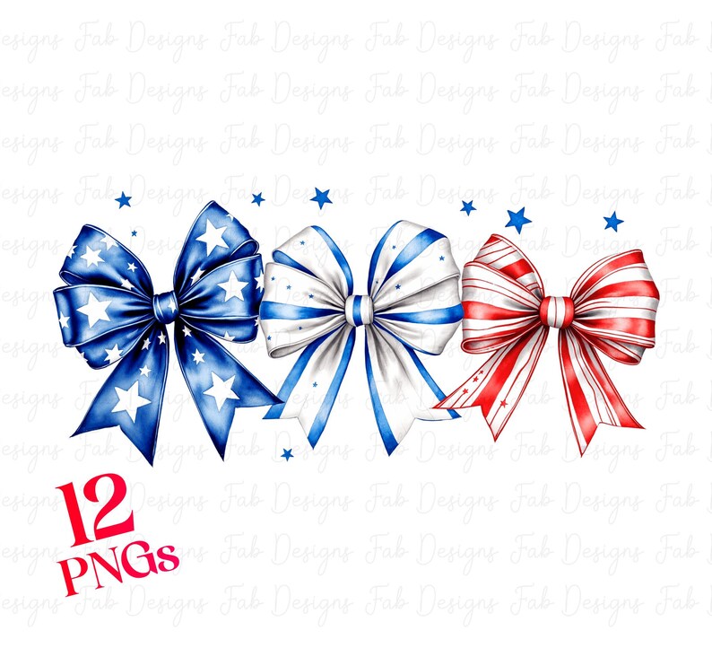 May include: Three watercolor painted bows in red, white, and blue with white stars. The bows are arranged in a row with the red, white, and blue bow on the right, the white and blue bow in the middle, and the blue and white bow on the left.