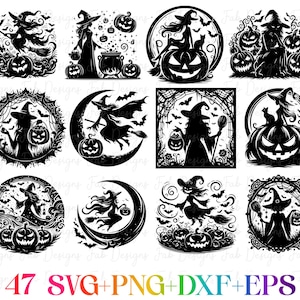 Puede incluir: Un conjunto de diez archivos de corte digital en blanco y negro con varios diseños de temática de Halloween. Los diseños incluyen brujas, gatos, calabazas y lunas. El texto "47 SVG+PNG+DXF+EPS" está en la parte inferior de la imagen.