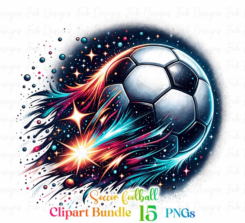 May include: A soccer ball with a white and black design is flying through space with a colorful trail of light behind it. The background is a dark blue with stars. The text "Soccer football Clipart Bundle 15 PNGs" is at the bottom of the image.