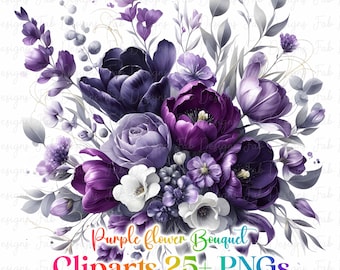 Clipart paarse aquarelbloem: bloemenboeket en kaders (digitale download)
