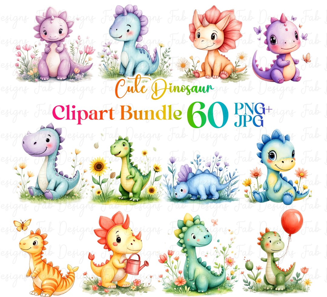 60 Cute Baby Dinosaur Clipart PNG JPG Bundle, Cute Animal Bundle, Cute ...
