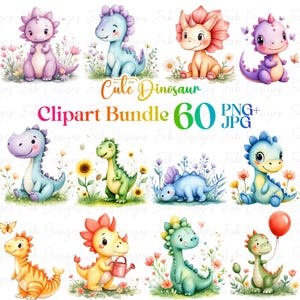 60 Cute baby dinosaur clipart PNG JPG bundle, cute animal bundle, Cute Animal Clipart, Watercolor Animal Clipart,Nursery Print,Junk Journal