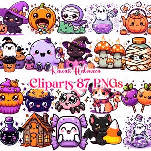 May include: A collection of Kawaii Halloween clip art images. The images include cute cartoon characters such as a black cat, a ghost, a spider, a bat, and a pumpkin. The text "Kawaii Halloween Cliparts 87 PNGs" is displayed in pink.