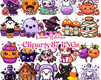 87 Kawaii Halloween PNG Clipart, Watercolor Halloween Clipart, Spooky Clipart, Black Cat PNG, Trick Or Treat, Halloween Party Decor