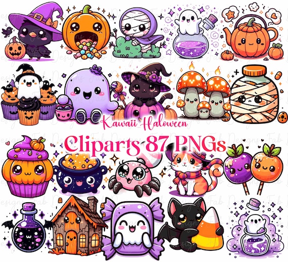 87 Kawaii Halloween PNG Clipart, Watercolor Halloween Clipart, Spooky Clipart, Black Cat PNG, Trick Or Treat, Halloween Party Decor