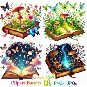 May include: A digital clipart bundle of 18 magic book illustrations. The books are open and feature different scenes, including a forest, a starry night sky, and a mushroom forest. The illustrations are in a whimsical style with vibrant colors and intricate details.