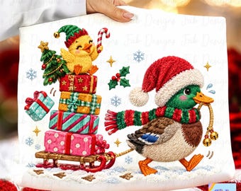 Cute Christmas Mallard PNG, Santa Hat Duck Pulling Gift Sled with Duckling, Faux Embroidery Duck Lover Christmas Shirt, Holiday Mallard