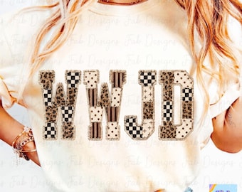 WWJD PNG, What Would Jesus Do Varsity Patchwork Letters, Neutral Leopard Checkered Christian Shirt Design, Faux Fringe Patch Sublimation DTF
