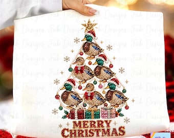 Glam Duck Christmas Tree PNG, Faux Rhinestone Mallard Ducks with Pearls, Merry Christmas Duck Shirt, Bling Girl Hunter Holiday Mallard