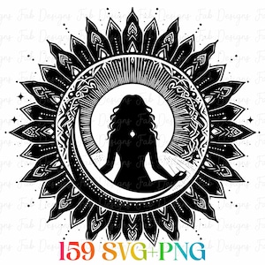 May include: Black and white graphic of a woman meditating inside a crescent moon, surrounded by a sunburst design. The image includes the text "159 SVG+PNG" at the bottom, suggesting digital art or design elements.