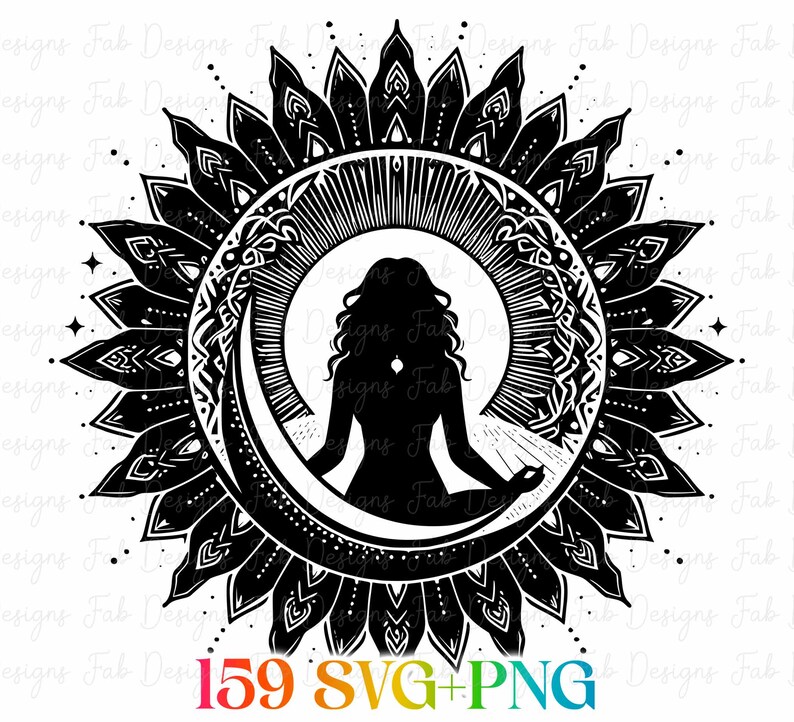 May include: Black and white graphic of a woman meditating inside a crescent moon, surrounded by a sunburst design. The image includes the text "159 SVG+PNG" at the bottom, suggesting digital art or design elements.