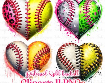 Distressed Split Baseball Softball Heart PNG Clipart (Digital Download)
