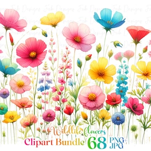 Könnte beinhalten: Ein digitales Clipart-Paket mit 68 Aquarell-Illustrationen von bunten Wildblumen. Die Blumen sind in einer Reihe angeordnet, mit dem Text "Wildlife flowers Clipart Bundle 68 PNG+JPG" am unteren Rand.