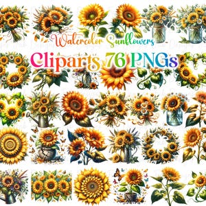 Paquete de imágenes prediseñadas de girasol en acuarela: Corona floral PNG (descarga digital, uso comercial)