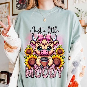 May include: A light blue sweatshirt with a cartoon highland cow wearing a pink bow and holding a cup of coffee. The text "Just a little MOODY" is printed on the shirt.