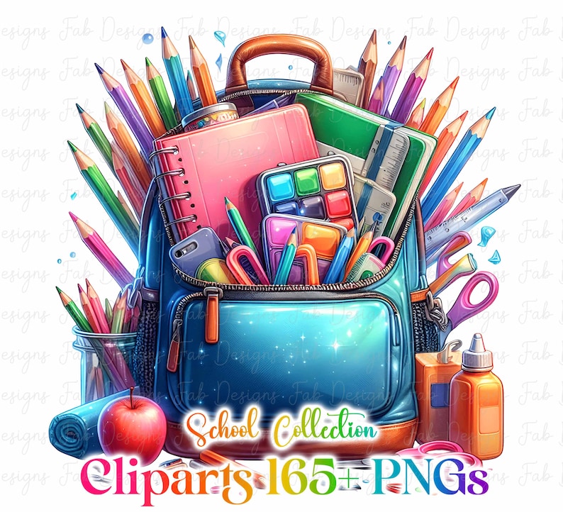 May include: A blue school bag filled with stationery, such as coloured pencils, notebooks, and paints. A red apple and a rolled-up blue towel are in front of the bag. The image has the text "School Collection Cliparts 165+ PNGs".