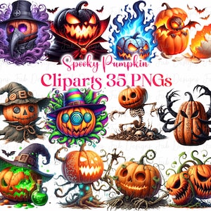 35 Spooky Pumpkin Halloween PNG Clipart, Watercolor Halloween Clipart, Spooky Clipart, Black Cat PNG, Trick Or Treat, Halloween Party Decor