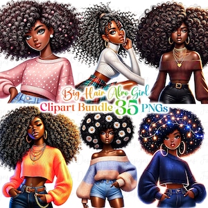 32 Big Hair Fashionable Black girl clipart bundle,Fashionable Girl Graphics,afro girl clipart,denim girl clipart t,beautiful black girl PNGs