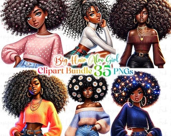 Paquete de 32 imágenes prediseñadas de chicas negras de moda con cabello grande, gráficos de chicas de moda, imágenes prediseñadas de chicas afro, imágenes prediseñadas de chicas de mezclilla, PNG de hermosas chicas negras