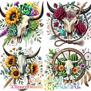 Rustik tjurskalle PNG clipart-set, western PNG, western sublimation PNG, blommig koskalle med solroshantverk, tjurskalle blommig clipart