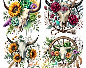 Rustic Bull skull PNG clipart Set, western PNG, Western Sublimation PNG, floral cow skull with sunflower crafts, Bull skull Floral Clipart