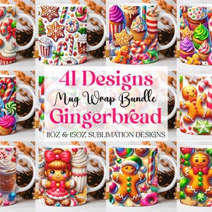 Puede incluir: Una colección de tazas de cerámica blanca con coloridos diseños temáticos de pan de jengibre. Las tazas presentan hombres de jengibre, bastones de caramelo, cupcakes y otros elementos festivos. El texto en la imagen dice "41 Designs Mug Wrap Bundle Gingerbread 11OZ & 15OZ SUBMLIMATION DESIGNS."